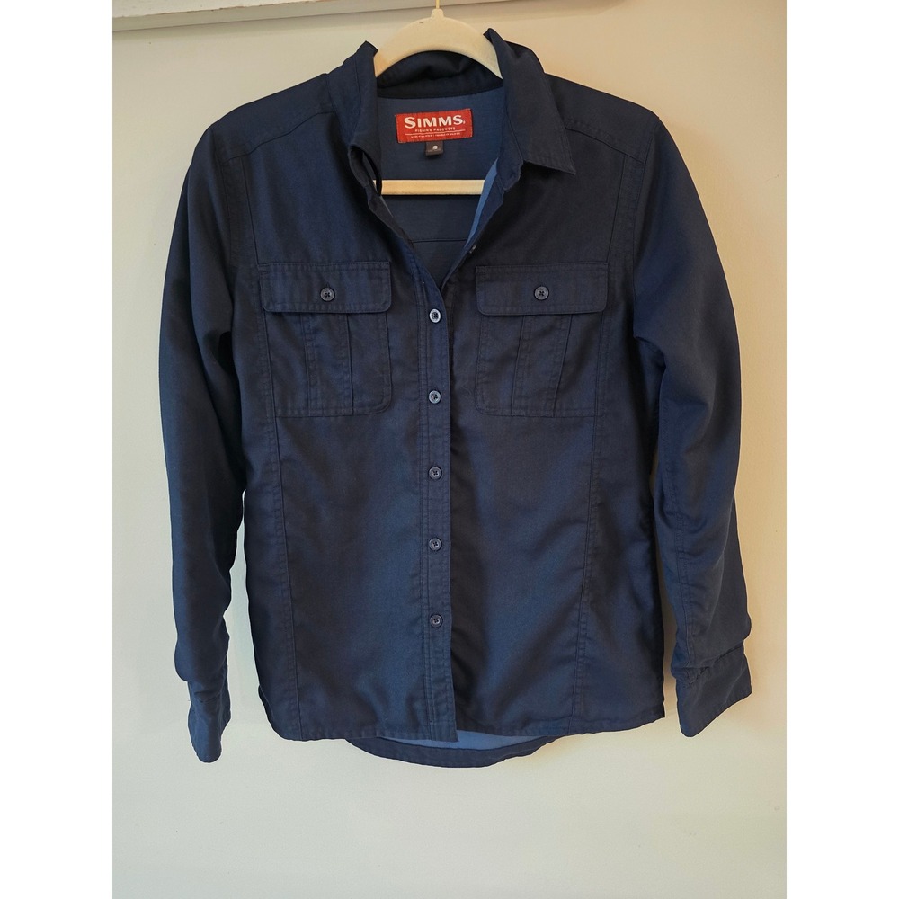 Simms Fishing Products Womens Navy Blue Long Sleeve Button Down Utility Shirt S